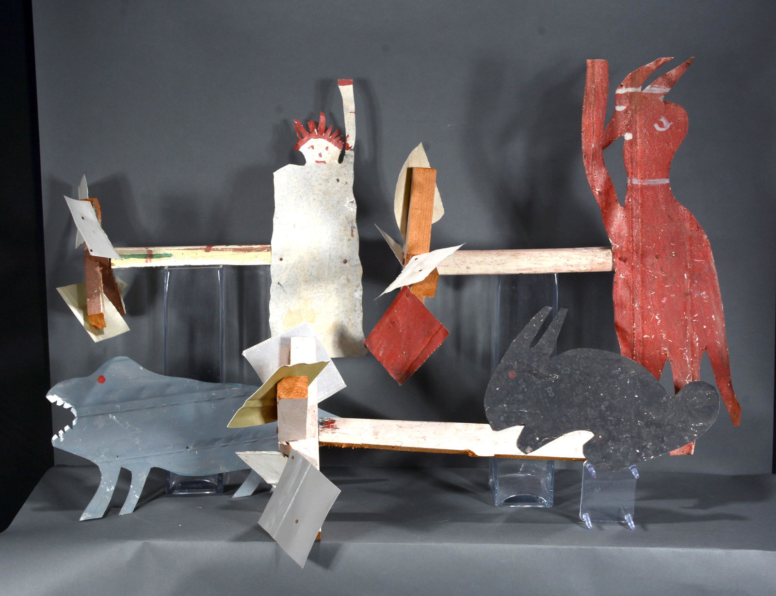 R.A. Miller. Devil, Liberty & Rabbit Whirligig with Dinosaur. (1 of 1)