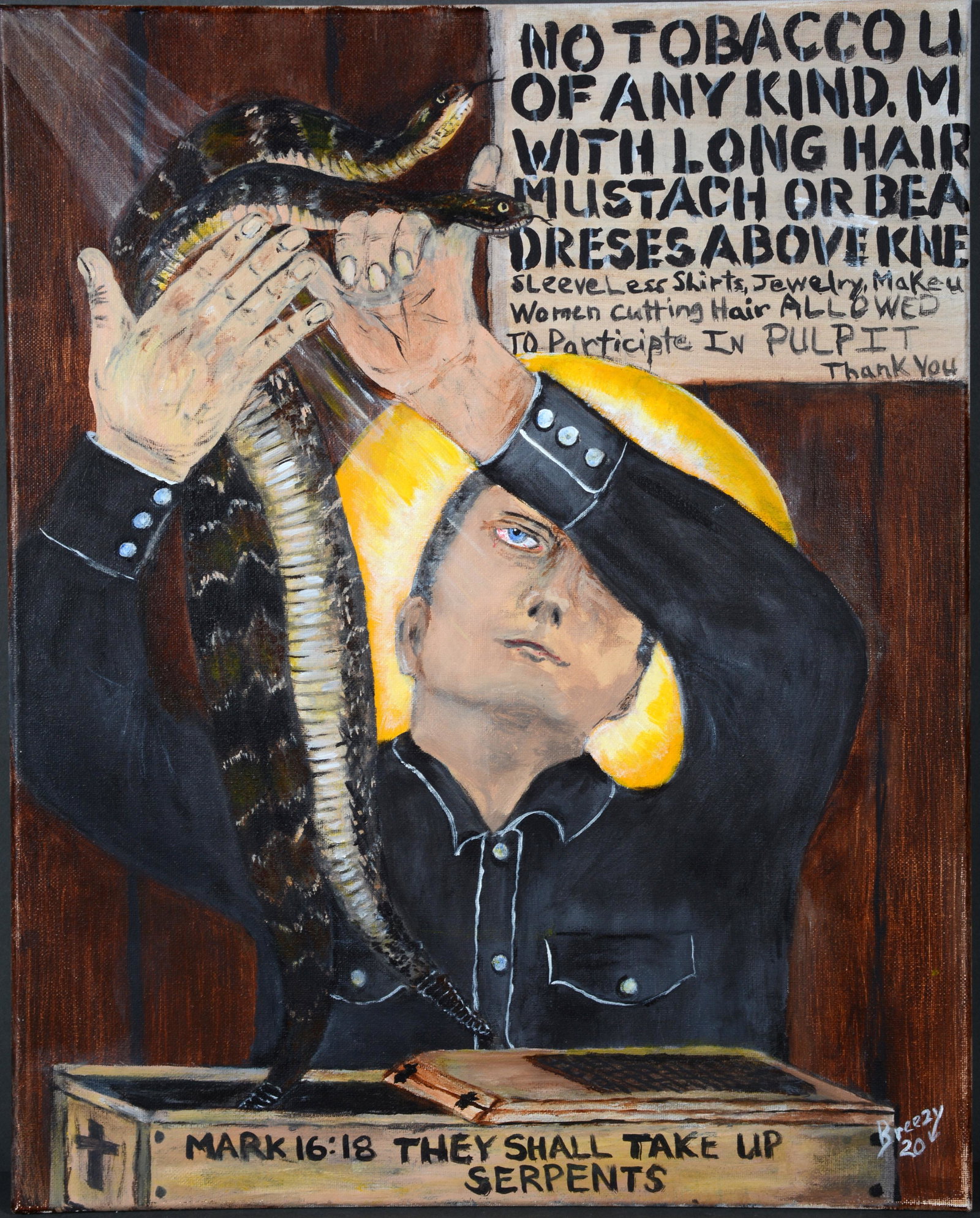 Dale Breezy Ellis. Saints Serpents & Sign.: Dale Breezy Ellis (b. 1958) Saints Serpents And A Sign. 2020. Signed, dated and titled. Oil on canvas. Not framed. 16"w x 20"h. Est. $300-500. Ship: $45