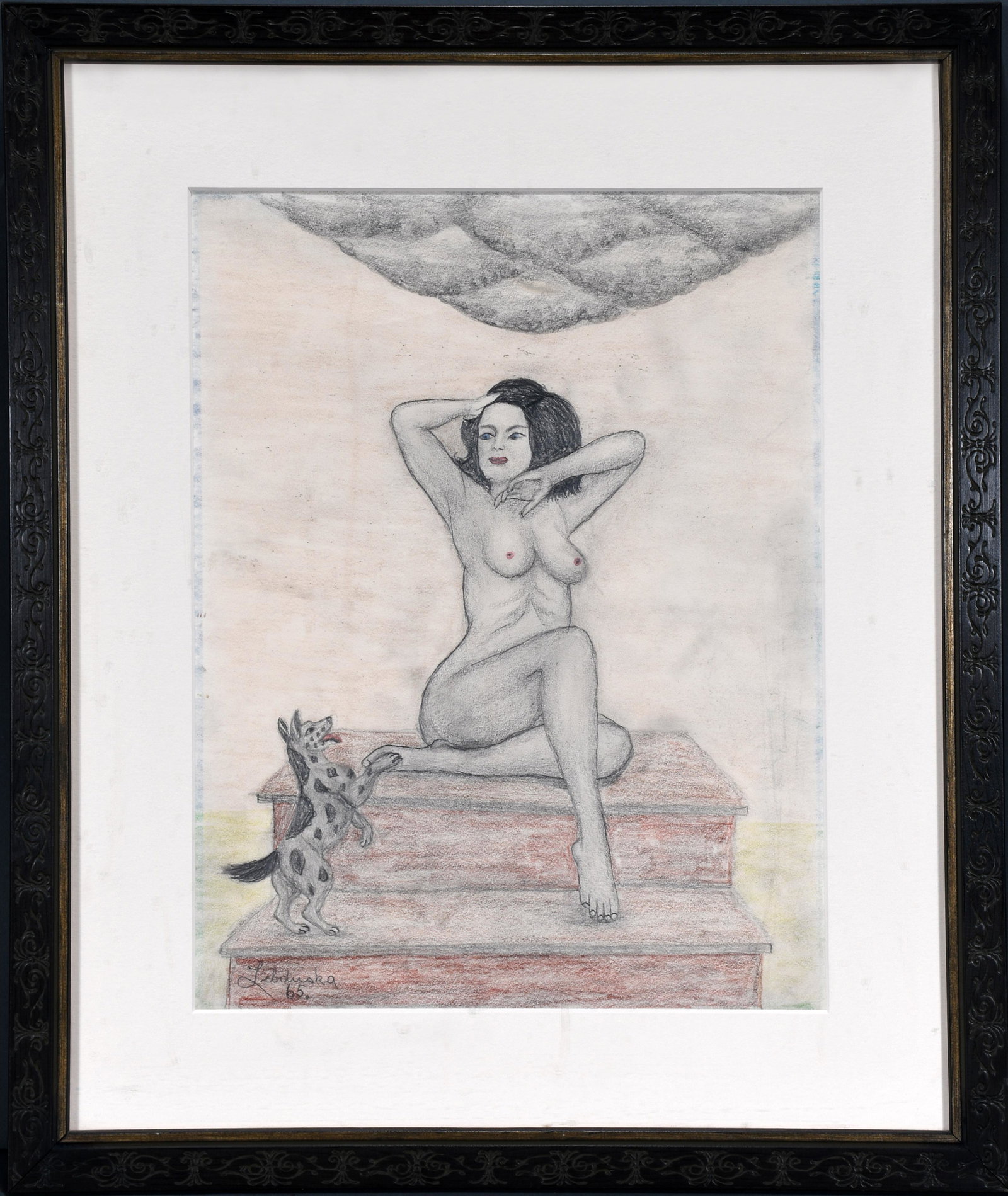 Lawrence Lebduska. Nude With Dog.: Lawrence Lebduska. (1894-1966, New York) Nude With Dog. 1965. Signed and dated. Graphite and crayon on paper. Excellent condition. 10.5" w x 14" h. 16.5" w x 20" h with archival matt and frame. Est. $