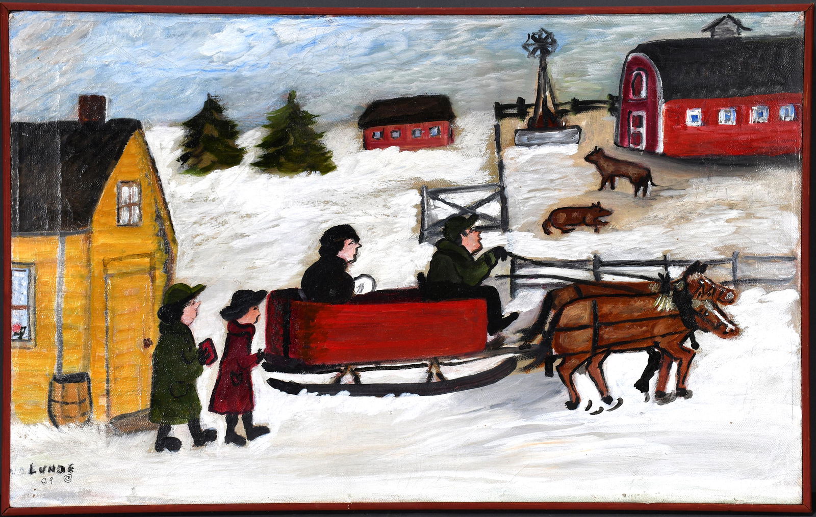 Emily Lunde. Winter Sleigh Ride with Yellow Building. (1 of 3)