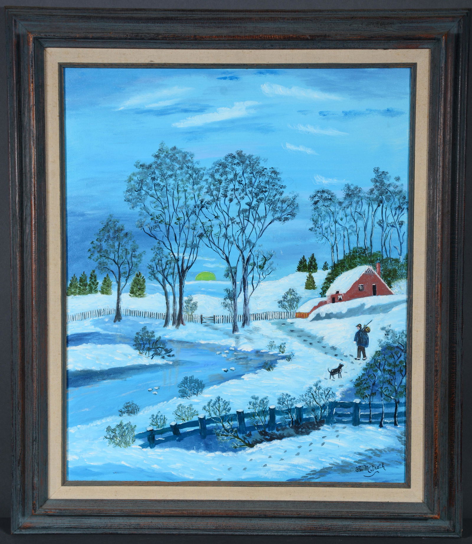 Flo McGrath. Almost Home.: Flo McGrath. Almost Home. Oil on canvas. Foxing on verso, otherwise excellent condition. Image is 20"w x 24"h. Frame is 26"w x 30"h. Est. $300-500. Ship: $75