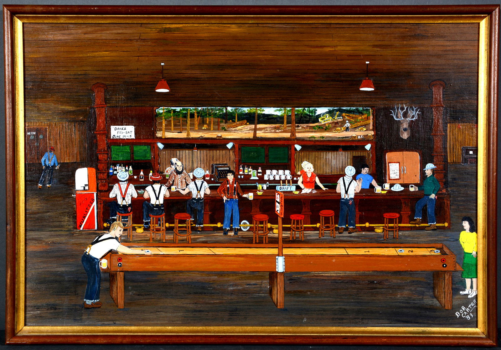 Bob Carter. The Logger's Bar.: Bob Carter. The Logger's Bar. 1983. Signed and dated. Oil on masonite. Notice the painting behind the bar is also a Bob Carter original. Excellent condition. 25"w x 17"h with frame. Est. $200-400. Shi