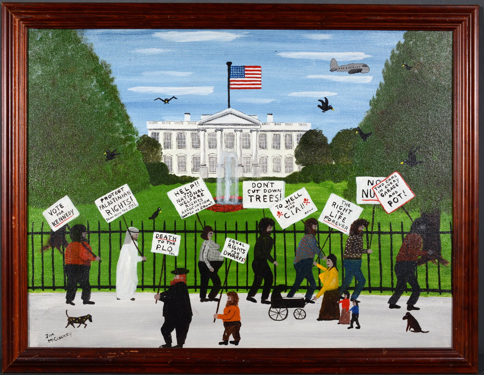 Jim McCloskey. Protesting Outside White House.: Jim McCloskey. Protesting Outside White House. Oil on canvas. Repair lower left in shirt of man holding vote for Kennedy sign. 26.5"w x 21"h with frame. Est. $200-400. Ship: $45
