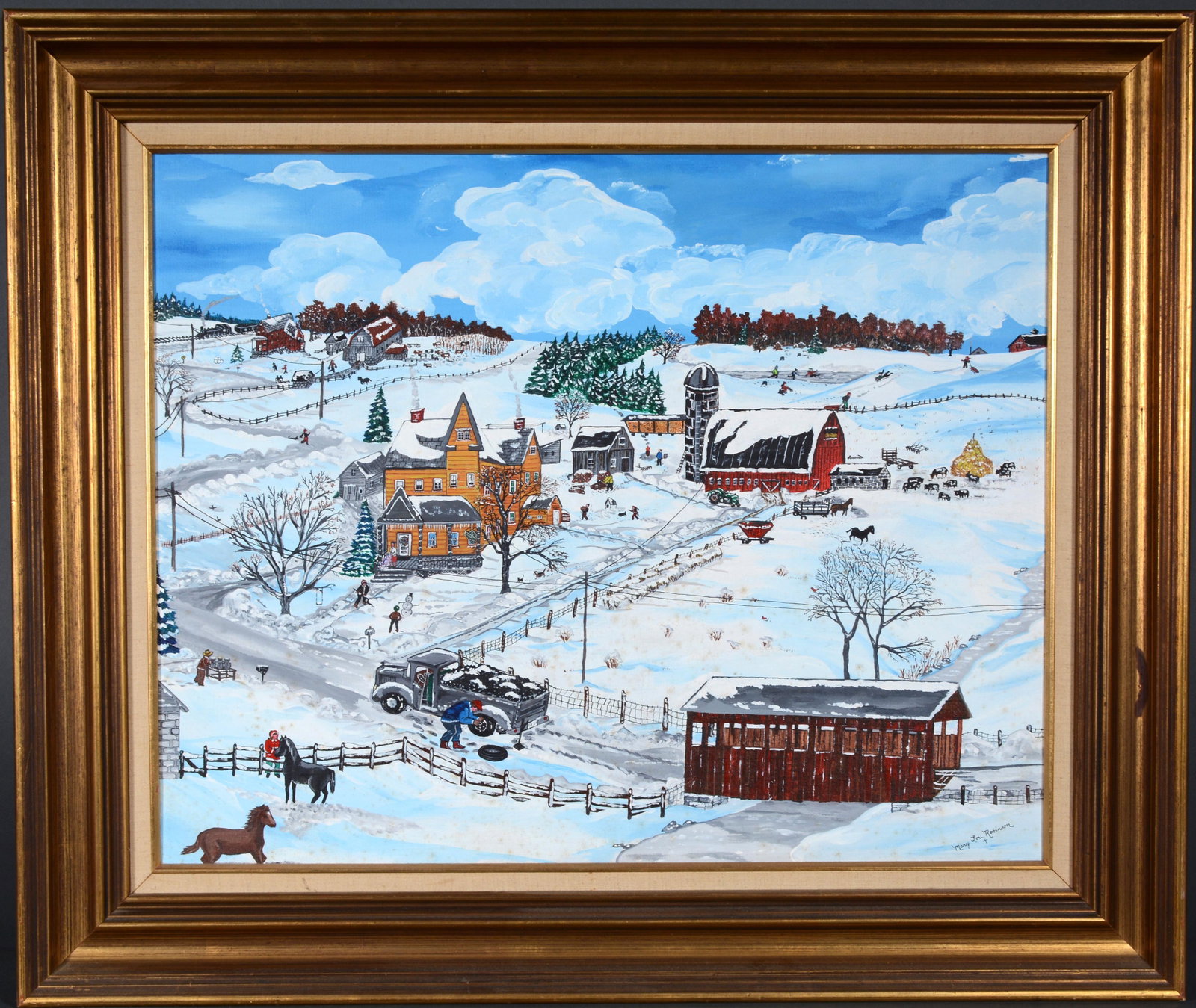 Mary Lou Robinson. Snow Day.: Mary Lou Robinson. Snow Day. Signed. Oil on canvas. Foxing throughout, otherwise good condition. Image is 30"w x 24"h. Frame is 38"w x 32"h. Provenance: Stamped Jay Johnson Gallery. Est. $400-600. Shi