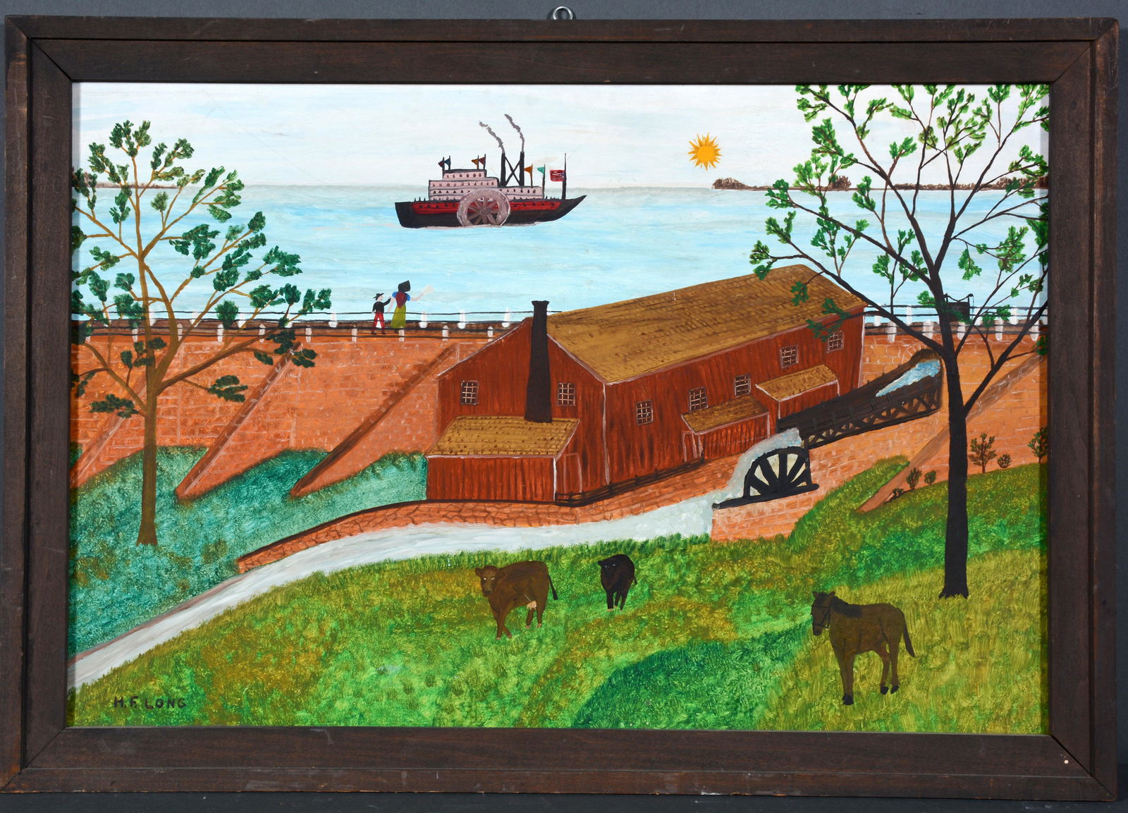 H.F. Long. Paddleboat.: H.F. Long. Paddleboat. Signed. Not dated. Oil masonite. Excellent condition. 26"w x 18"h with frame. Est. $200-300. Ship: $55