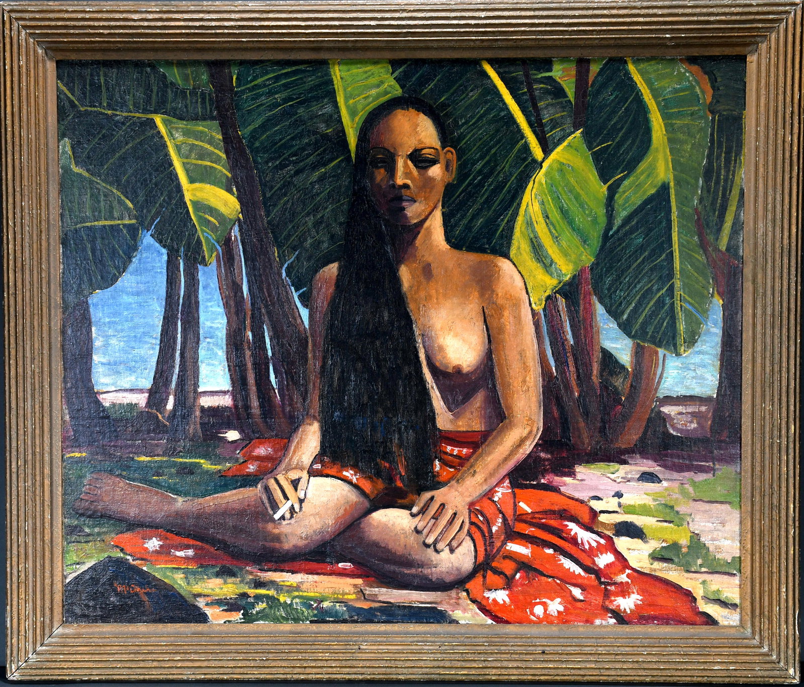 Lawrence McConaha. Tahitian Girl.: Lawrence McConaha. (American 1894-1912) Tahitian Girl. Signed. Oil on canvas. Professionally relined with fair amount on inpainting otherwise, great condition. Size with frame is 42" w x 36" h. Est. $