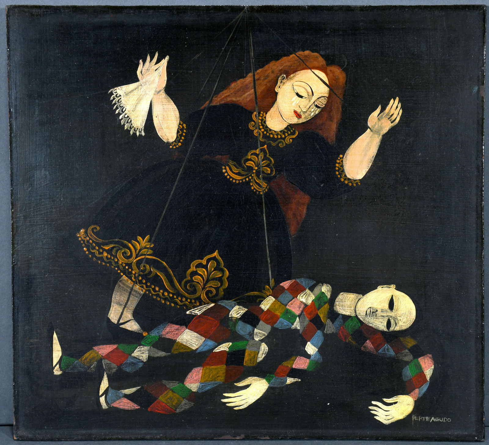Carlos Perteagudo. Requiem Para Una Marioneta.: Carlos Perteagudo. Requiem Para Una Marioneta. 1981. Signed front and back with legend. Dated and titled. Oil on masonite. Excellent condition. 11" w x 10" h. Est. $200-400. Ship: $35