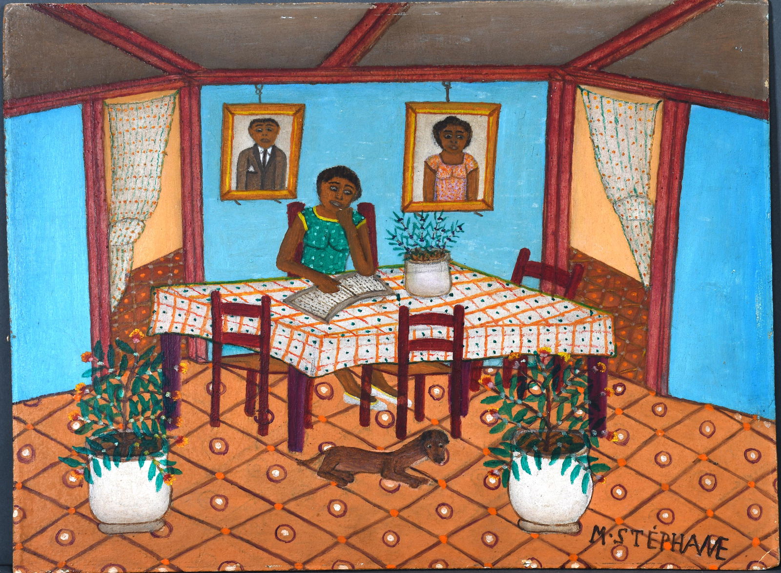 Micius Stephane. La Tarea (The Homework).: Micius Stephane. La Tarea (The Homework) c. 1978. Signed. Oil on masonite. Minor wear on edges otherwise excellent condition. 16" x 12". Provenance: Nader's Art Gallery, Pto. Principe, Haiti. Est. $80