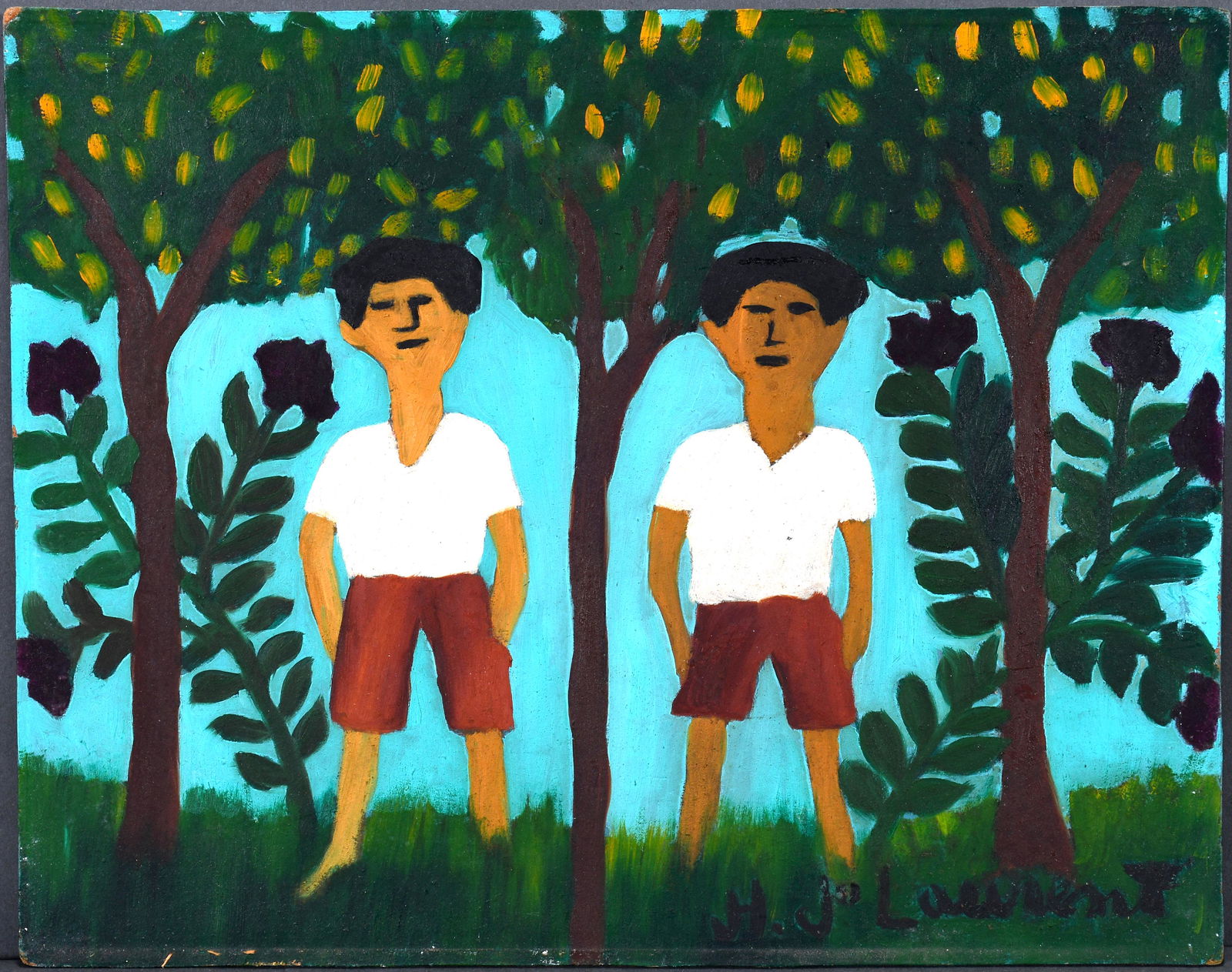 Joseph-Jean Laurent. Los Gemelos.: Joseph-Jean Laurent. (Haitian, 1893-1976) Los Gemelos. c. 1978. Signed. Oil on masonite. Minor wear on edges otherwise excellent condition. 10" x 8". Est. $200-400. Ship: $35