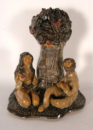 Crystal King. Adam & Eve Ceramic Sculpture.: 1999. Hand-moulded and glazed clay. Signed and dated, 9" x 11". Excellent condition. Provenance: The George and Sue Viener Collection. Est. $200-300. Ship: $45