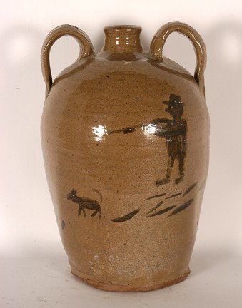 Chester Hewell. Hunting Scene Jug.: Bristol glaze with painted scene on three gallon jug. Signed and dated, 1994. 14.5"h. Excellent condition. Provenance: The George and Sue Viener Collection. Est. $300-400. Ship: $65