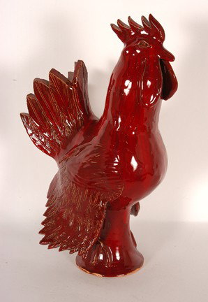 Claude Miller. Big Red Rooster.: Signed and dated, 2002. Rich ruby red glaze. Mint condition. 18" h. Est. $100-300. Ship: $100