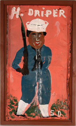 Sam Doyle. H. Driper.: Paint on tin. Initialed lower right. Image is 25" w x 45"h. Frame is 30"w x 49"h. Provenance: The George and Sue Viener Collection. Exhibited at The AVAM's, "War and Peace, 2009-2010." Est. $8,000-12,