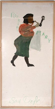 Sam Doyle. Rocking Mary.: Paint on window shade. Signed and titled. Excellent condition. Image is 36" w x 72"h. Frame is 39" w x 76"h. Est. $1,000-3,000. Ship: $300