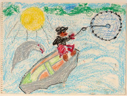 Sam Doyle. Throwing The Casting Net.: Crayon on paper. Signed. Paper has some holes and missing pieces, otherwise good condition. Image is 15"w x 11"h. Frame is 26"w x 23"h. Est. $800-1,200. Ship: $40