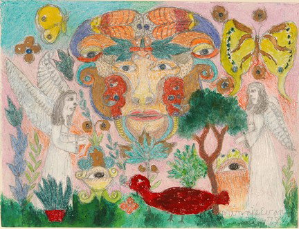 Minnie Evans. Angels & Red Bird.: Signed and dated, 1977. Colored pencil and crayon on paper. Excellent condition. Image is 12"w x 9"h. Hand-carved gilded frame, 24" w x 22" h. There is a note on the back from the original owner that 