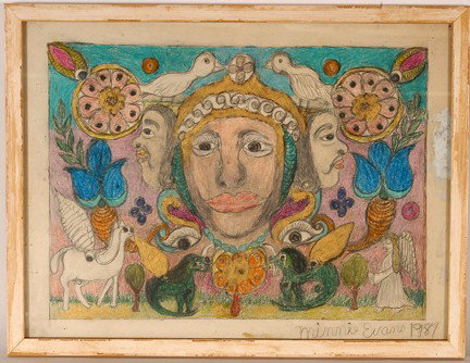 Minnie Evans. Face w Surrounding Profiles.: Face w Surrounding Profiles, White Birds, Green Creatures. Signed and dated, 1987. Graphite and crayon on paper. Total size with the early frame, 21"w x 16"h. Excellent condition. Est. $2,000-3,000. S