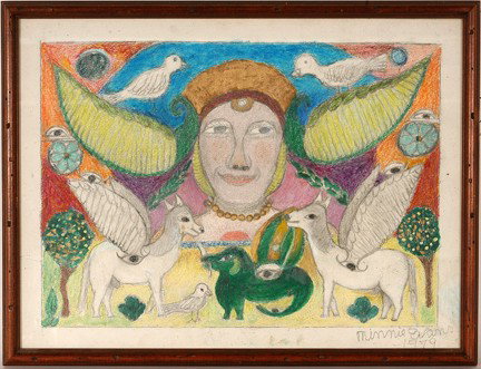 Minnie Evans. Female Figure w White Horses.: 1979. Signed and dated. Graphite and colored crayon on paper. Total size with frame is 21" w x 16"h. Excellent condition. Est. $2,000-3,000. Ship: $45