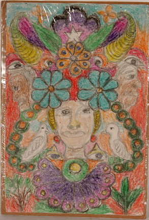 Minnie Evans. Face With Two Doves.: 1979. Crayon and pencil on paper. Signed on verso. Excellent condition. 6" w x 7" h. Est. $1,000-2,000. Ship: $30