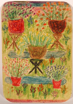 Minnie Evans. Potted Flowers On Stands.: Crayon on lined paper. Not signed. 5" w x 7.25"h. Excellent condition. Est. $400-600. Ship: $15