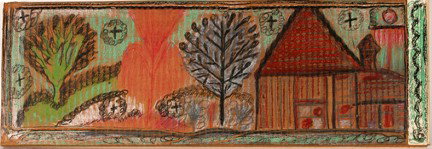 Nellie Mae Rowe. Home With Trees.: Crayon and pencil on cardboard fabric bolt. Note on verso shows Judith Alexander provenance with a statement about how this work is an early example by Rowe. Not signed. Minor punch in cardboard, othe