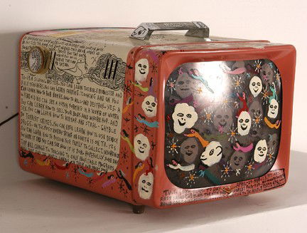 Howard Finster. T.V. 50th Year, #10,676.: Signed. Dated, April 29, 1989. Paint and marker on Hotpoint portable television set. Painted on all five sides, including inside T.V. glass screen. Excellent condition. 16" x 13" x 13". Est. $4,000-6,