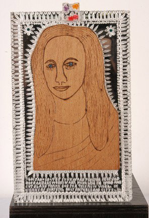 Howard Finster. Mona Lisa, #4,225.: Plexiglas, wood and beads. Dated Jan. 28, 1985. 10" w x 18"h. Excellent condition. Est. $1,500-2,000. Ship: $30