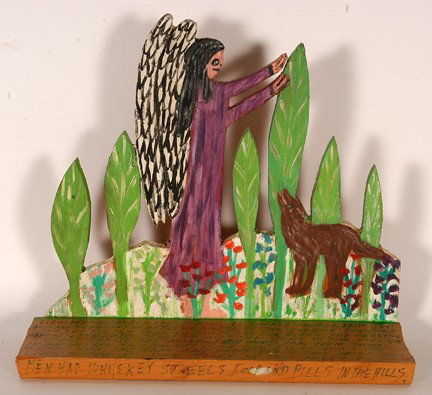 Howard Finster. Angel Of The Forest, #3,768.: Angel Of The Forest With Howling Wolves, #3,768. Sept. 13, 1984. Carved wood, paint and ink. Signed and dated. Excellent condition. 10.5" x 12" x 4". Provenance: The Salvatore Scalora Collection. Est.