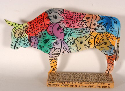 Howard Finster. Oxen Of Labour, #10,912.: May 26, 1989. Paint, marker and paper label on cut-out wood. 16" x 10"x 4". Excellent condition. Provenance: The Salvatore Scalora Collection. Est. $200-400. Ship: $35