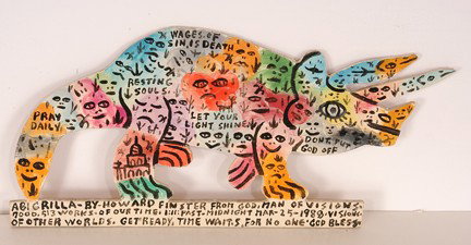 Howard Finster. Abigrilla, #7,513.: 1988. Paint on cutout wood. Excellent condition. 16" w x 7.5"h. Est. $200-400. Ship: $35