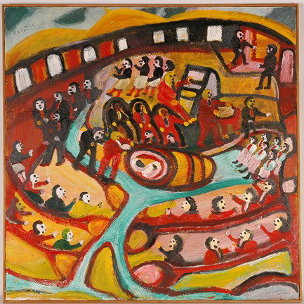 Rev. Johnnie Swearingen. Sunday Church.: Oil on canvas. Initialed. Excellent condition. 37" w x 37" h. Provenance: The George and Sue Viener Collection. Est. $2,000-4,000. Ship: $100