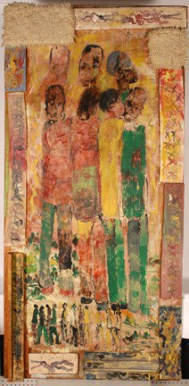 Purvis Young. Life-Sized Group Of Men.: Signed. Paint on board with scrap wood and carpet remnant frame. Some loose pieces on wood frame, otherwise, excellent condition. 38" w x 79"h. Est. $2,000-3,000. Ship: $300