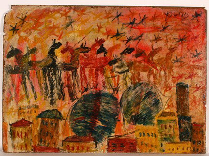Purvis Young. Horses Over Cityscape.: Paint on found board. Signed. Great condition. 38" w x 28"h. Provenance: The George and Sue Viener Collection. Est. $1,000-3,000. Ship: $75