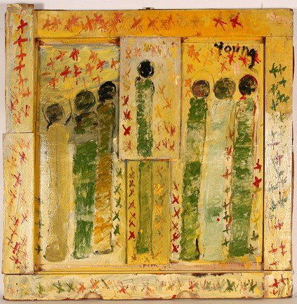 Purvis Young. 7 Figures In Yellow.: Paint and wood construction with cardboard. Signed. Great condition. 37" x 37". Provenance: The George and Sue Viener Collection. Est. $1,000-2,000. Ship: $100