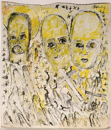 Purvis Young. 3 Faces w Halo & Crosses.: Signed. Paint on found paperboard. Slight water damage in lower right corner. Minor warping. 48" w x 55"h. Est. $1,000-2,000. Ship: $250