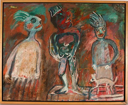 Jon Serl. Hippy Symbols.: 1969. Oil on board. Not signed, but titled and dated on verso. Size with frame is 32"w x 26"h. Minor rub in upper left corner, otherwise great condition. Provenance: The George and Sue Viener Collecti