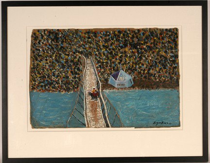 Joseph Garlock. The Suspension Bridge.: 1951. Oil and paint on found cardboard. Signed and dated. Excellent condition. Image is 21" w x 14"h. Frame is 29" w x 23"h. Provenance: The George and Sue Viener Collection. Est. $1,000-3,000. Ship: 
