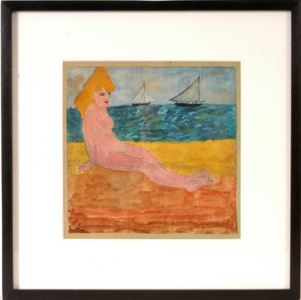 Justin McCarthy. Reclining Nude w Boats.: Watercolor on paper with nice frame. Image is 8.5" w x 8.5"h. Frame is 14.5"w x 14.5"h. Provenance: Cavin-Morris Gallery, NY. Est. $800-1,200. Ship: $35