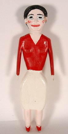 George Williams. Woman In A Red Top.: Carved and painted wood. Not signed. There is a separation line between head and neck, otherwise good condition. 17.5"h. Provenance: The George and Sue Viener Collection Est. $400-600. Ship: $55