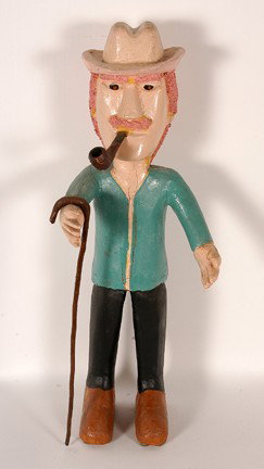 John Vivolo. Smokin Man With Cane.: Carved and painted wood with mixed media. Not signed. Minor natural wood split on front, otherwise excellent condition. 11" x 11" x 29"h. Provenance: The George and Sue Viener Collection, ex. Flo and 