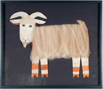 Mamie Deschillie. Long Haired Goat.: Paint on cardboard, goat hair with beads. Signed. Excellent condition. Size with frame is 36" w x 30" h. Provenance: The George and Sue Viener Collection. Est. $400-600. Ship: $75