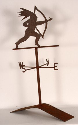 Hunting Indian Roof Top Weathervane.: Rusted and pitted sheet metal with roof top mount. Great condition. 19" w x 31"h. Provenance: The George and Sue Viener Collection. Origin is Lancaster, PA. Est. $300-500. Ship: $125