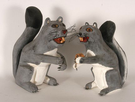 Leroy Archuleta. Pair of Grey Squirrels.: Carved and painted wood with other mixed media. Signed and dated, 1990/1992. 12" x 12" each. Excellent condition. Est. $1,000-2,000. Ship: $65