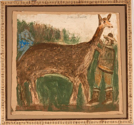 Jimmy Lee Sudduth. Man w His AL Llama.: c. early 1980's. Mud and paint on found board. Signed. Some minor wood splits, otherwise excellent condition. Image is 34" w x 31"h. Frame is 40" w x 38" h. Provenance: The George and Sue Viener Colle