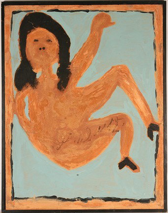 Jimmy Lee Sudduth. Reclining Nude.: c. early 1980's. Thick mud with paint on board. Signed. Excellent condition. Size with frame is 39" w x 50"h. Provenance: The George and Sue Viener Collection. Est. $1,000-2,000. Ship: $150