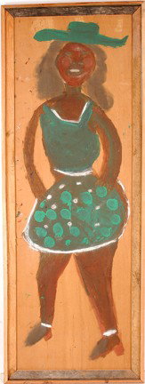 Jimmy Lee Sudduth. Girl In Green Skirt.: Paint and mud on wooden board with barnwood frame. 26"w x 76"h. Very large. Provenance: Dr. Kurt Gitter. Est. $1,000-2,000. Ship: $250