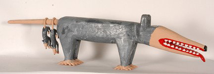 Garland & Minnie Adkins. Possum & Babies.: 1993. Carved and painted wood. Mother is in excellent condition. Babies' legs and tails have been repaired. Mother is 39" long x 10"h. Provenance: The George and Sue Viener Collection. Est. $800-1,200