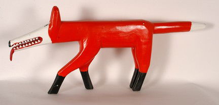 Garland & Minnie Adkins. Red Fox.: 1991. Carved and painted wood. Signed and dated. One repaired ear, otherwise excellent condition. 40" w x 17" h. Provenance: The George and Sue Viener Collection. Est. $800-1,200. Ship: $125