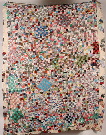 Dbl-Sided African American Quilt.: Dbl-Sided Af. Am. Postage Stamp & Wedding Ring Quilt. Mixed fabrics, hand-sewn. Light-weight. Very clean. Great condition. 62" x 82". Provenance: The George and Sue Viener Collection. Est. $300-500. S