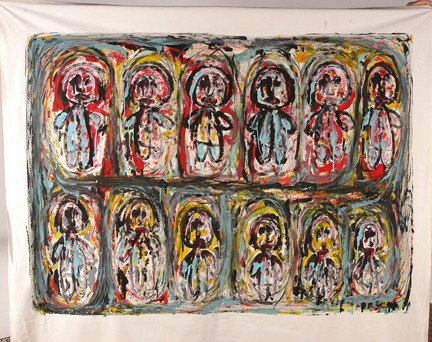 Giordano Gelli. Untitled Painting.: Giordano Gelli (b. 1928, Italy). Paint on cloth. Acquired in 1998 from Judy Saslow Gallery, Chicago, IL. 62"w x 56"h, not framed. Excellent condition. Est. $1,000-3,000. Ship: $45